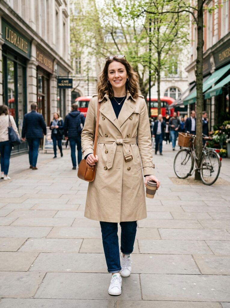 trench coat on city street 