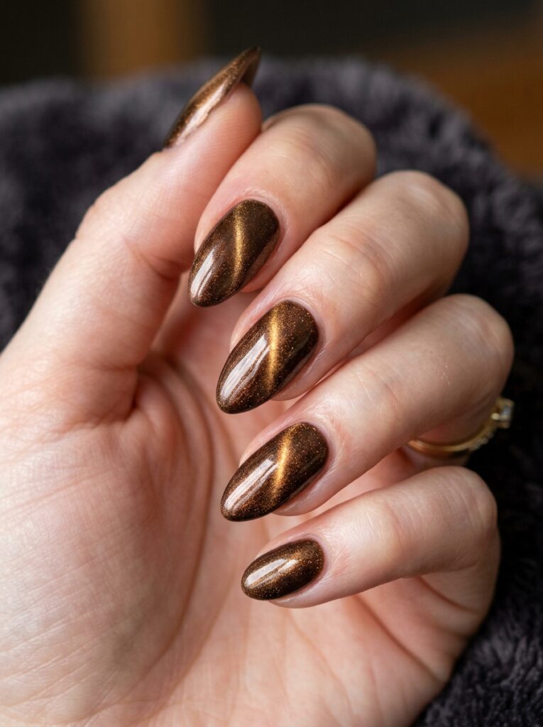 30 Cute Fall Nail Ideas for 2026 That Are Worth Copying velvet cat eye nails bronze