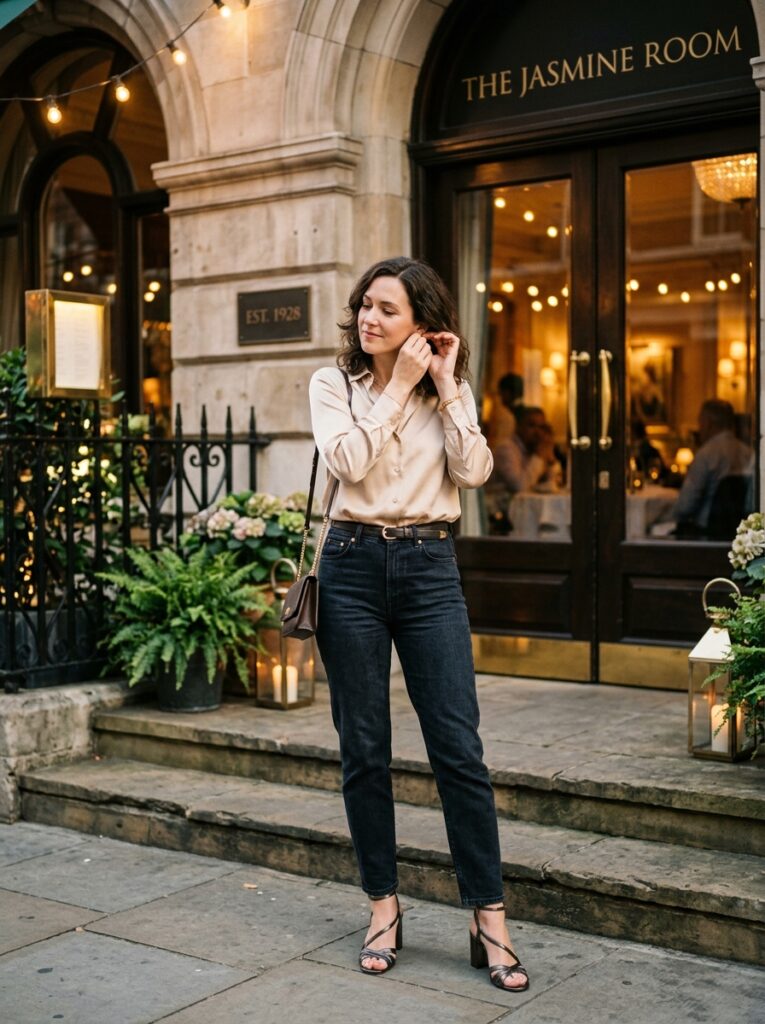 23 Dark Denim Outfits for This Fall Styled in Five Different Ways silk blouse tucked into dark jeans outfit