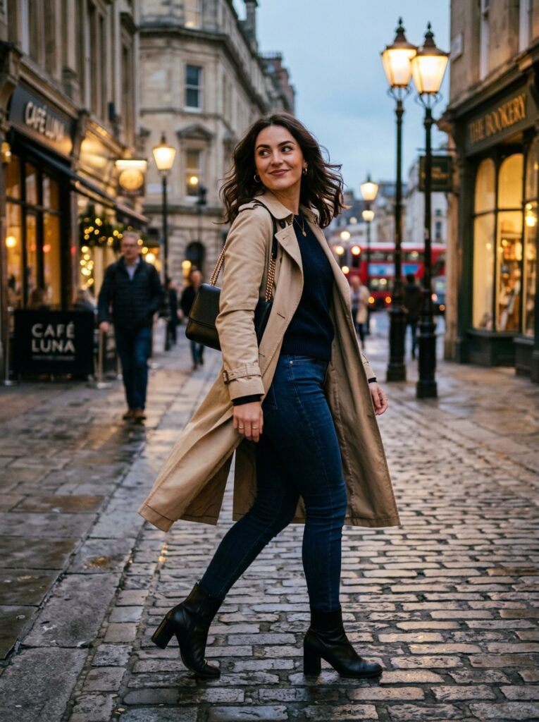 23 Dark Denim Outfits for This Fall Styled in Five Different Ways trench coat over dark jeans fall outfit