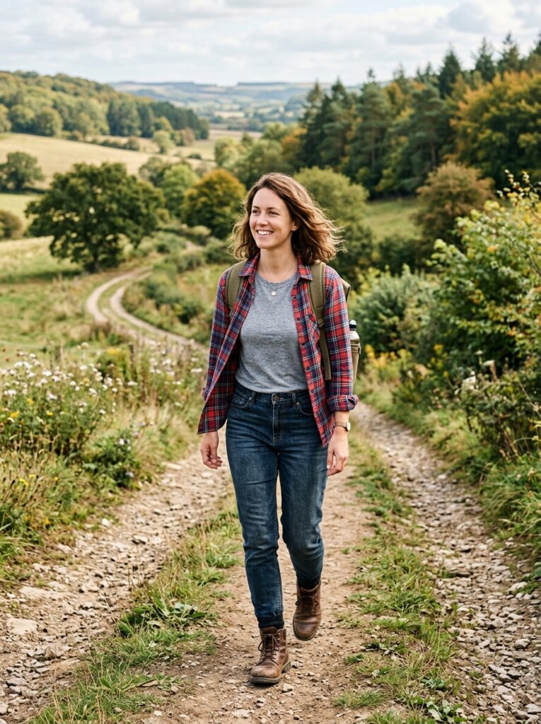 23 Dark Denim Outfits for This Fall Styled in Five Different Ways flannel shirt over dark jeans weekend outfit