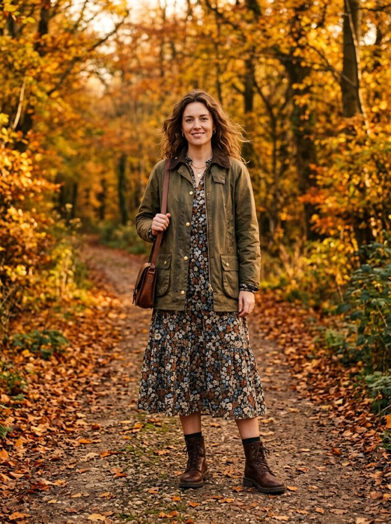19 Barn Jacket Outfit Ideas That Nail the Fall Aesthetic barn jacket over floral midi dress fall outfit