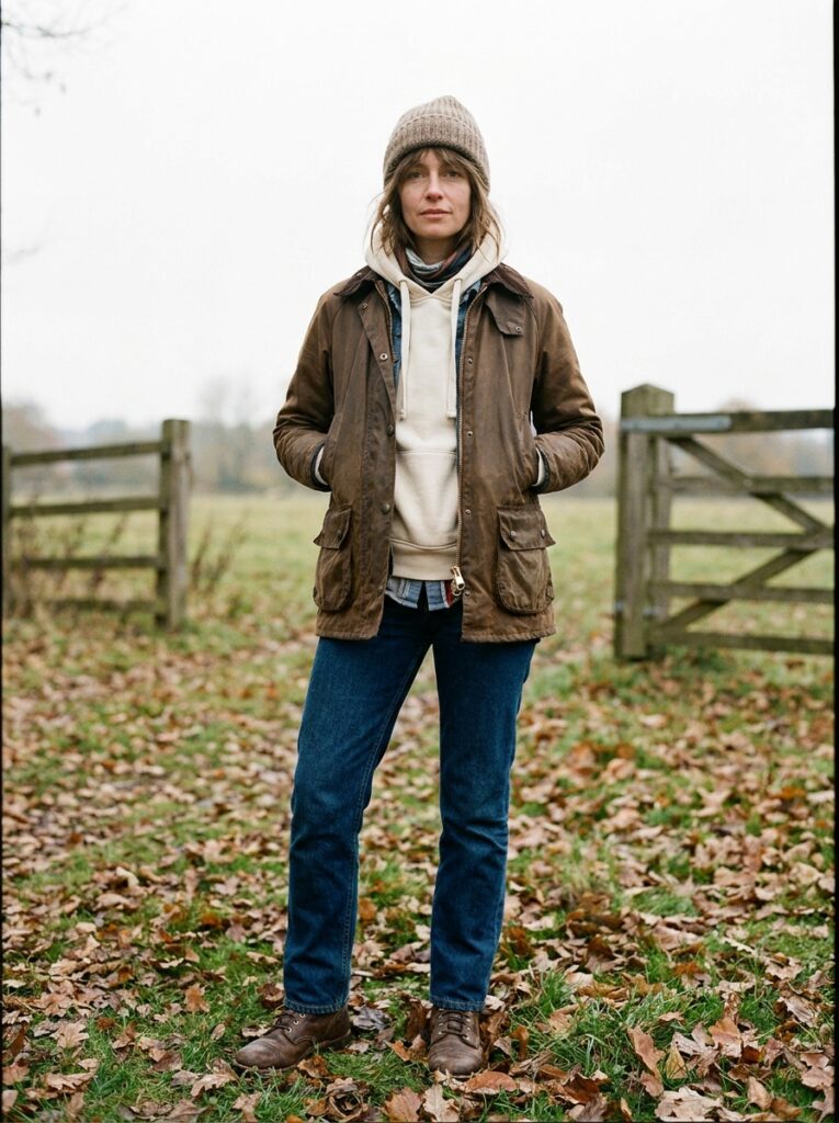 19 Barn Jacket Outfit Ideas That Nail the Fall Aesthetic barn jacket layered over cream hoodie with hood out