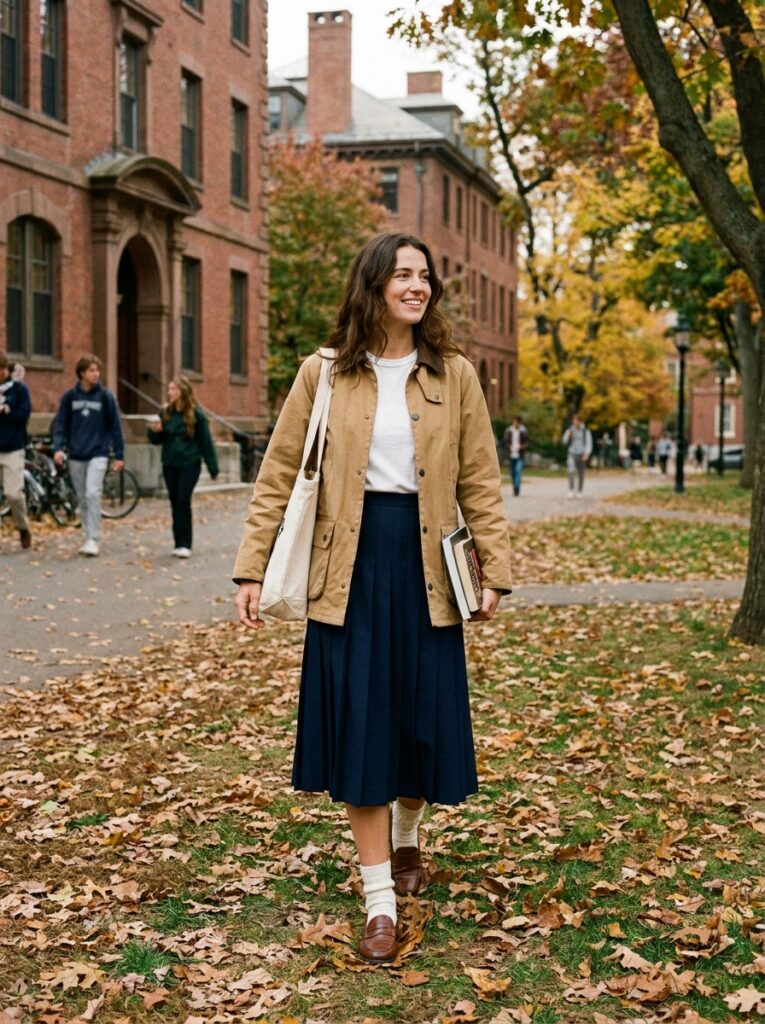 19 Barn Jacket Outfit Ideas That Nail the Fall Aesthetic barn jacket with pleated midi skirt and loafers