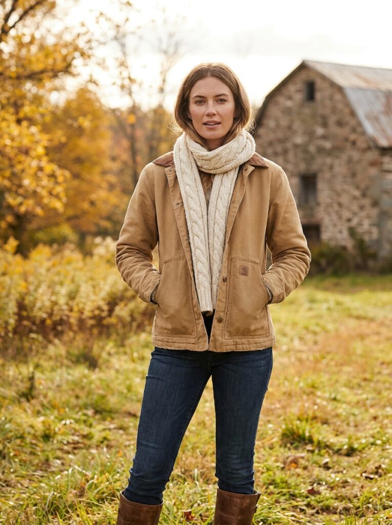 19 Barn Jacket Outfit Ideas That Nail the Fall Aesthetic barn jacket outfit with chunky knit scarf
