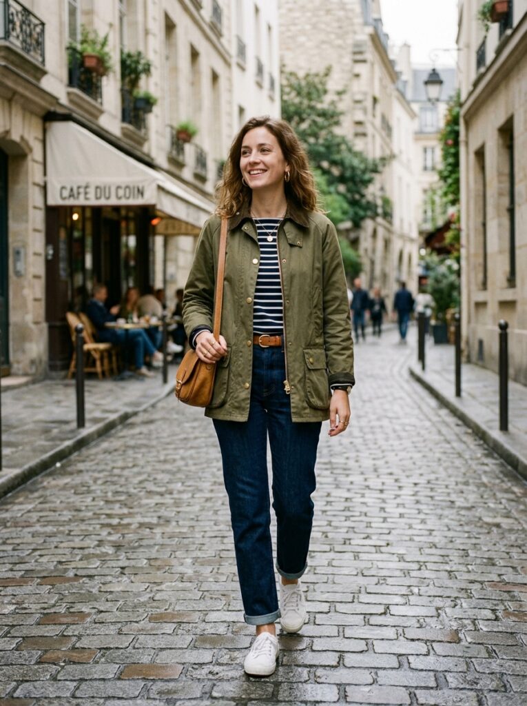 19 Barn Jacket Outfit Ideas That Nail the Fall Aesthetic barn jacket with breton striped top and jeans