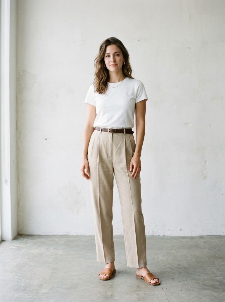 woman in beige pleated trousers 