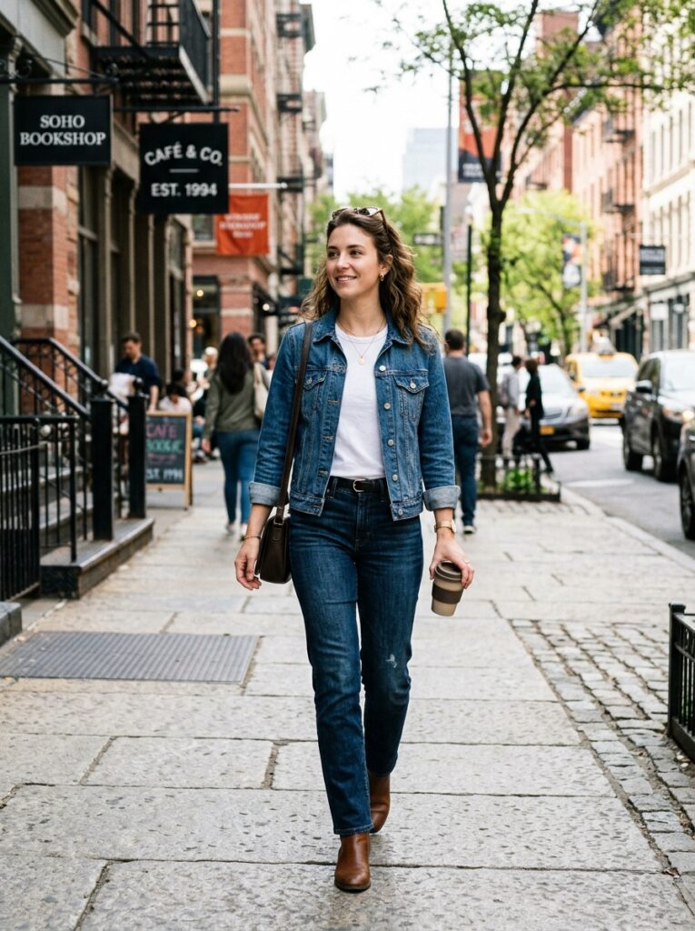 23 Dark Denim Outfits for This Fall Styled in Five Different Ways denim jacket over dark jeans double denim outfit
