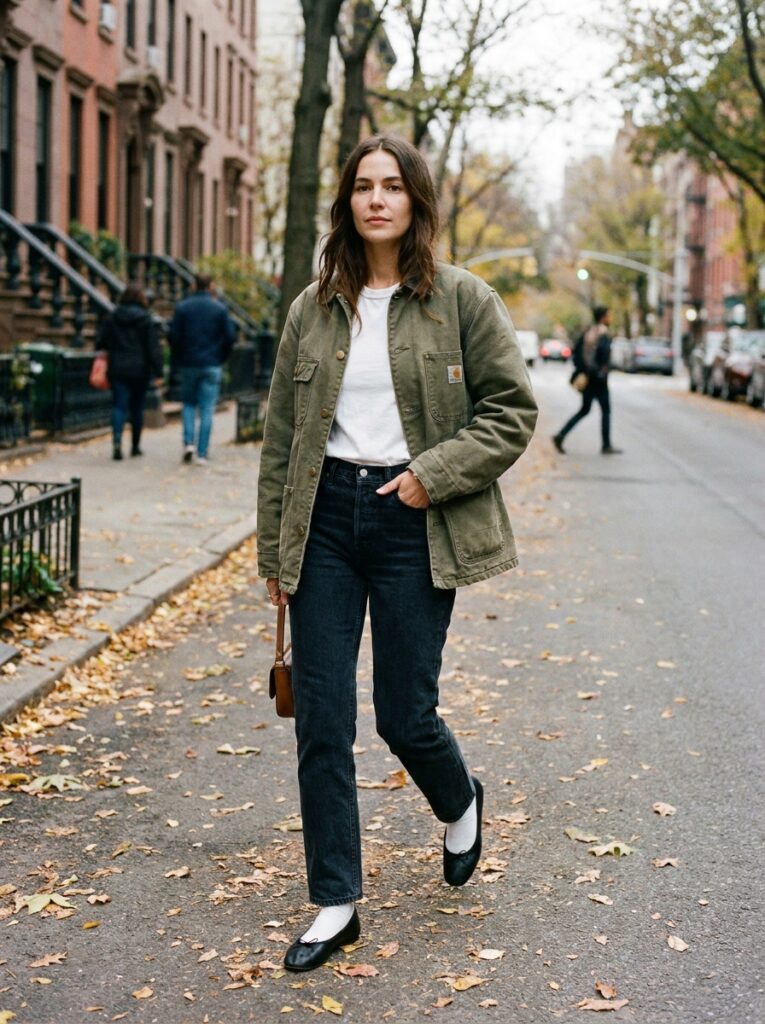 19 Barn Jacket Outfit Ideas That Nail the Fall Aesthetic barn jacket with jeans and ballet flats with socks