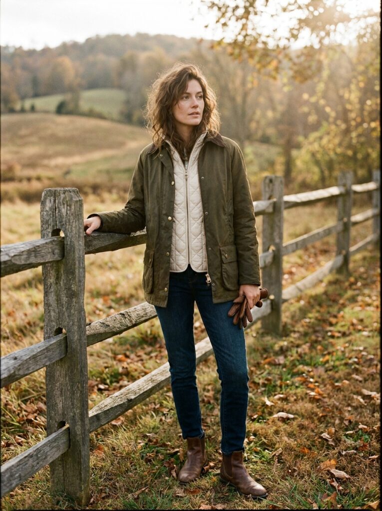 19 Barn Jacket Outfit Ideas That Nail the Fall Aesthetic quilted vest layered under barn jacket outfit