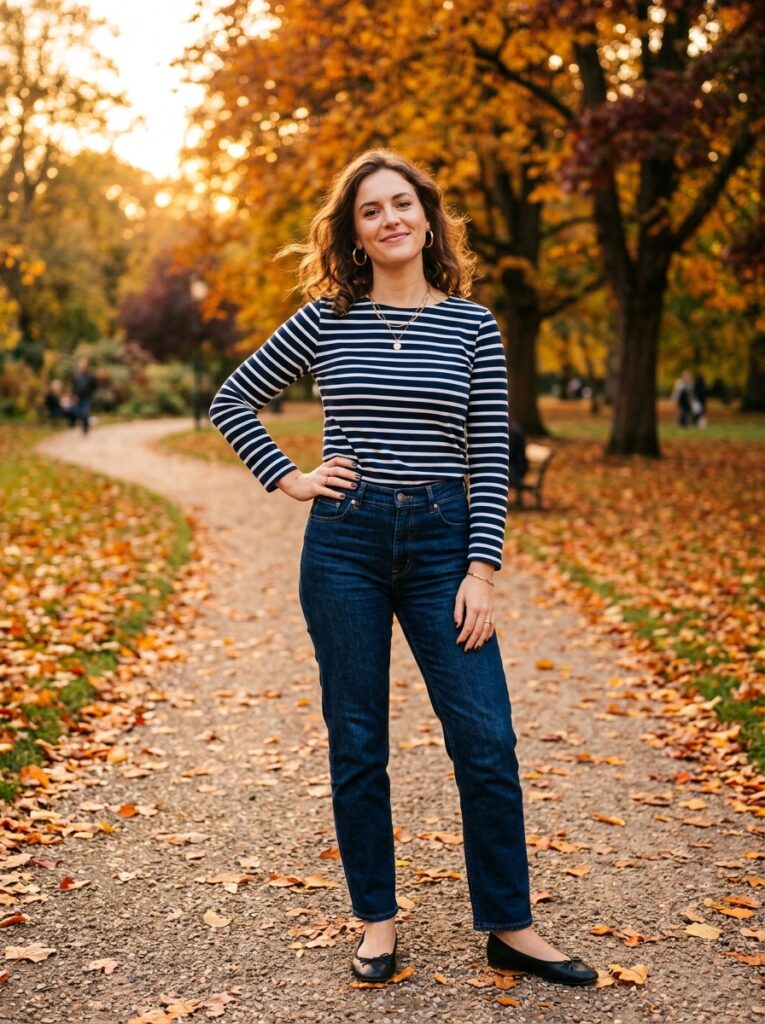 23 Dark Denim Outfits for This Fall Styled in Five Different Ways striped top with dark jeans fall outfit