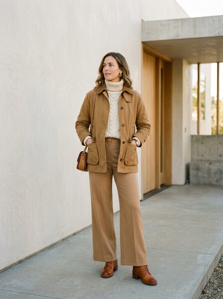 19 Barn Jacket Outfit Ideas That Nail the Fall Aesthetic tan barn jacket with cream knit and camel trousers
