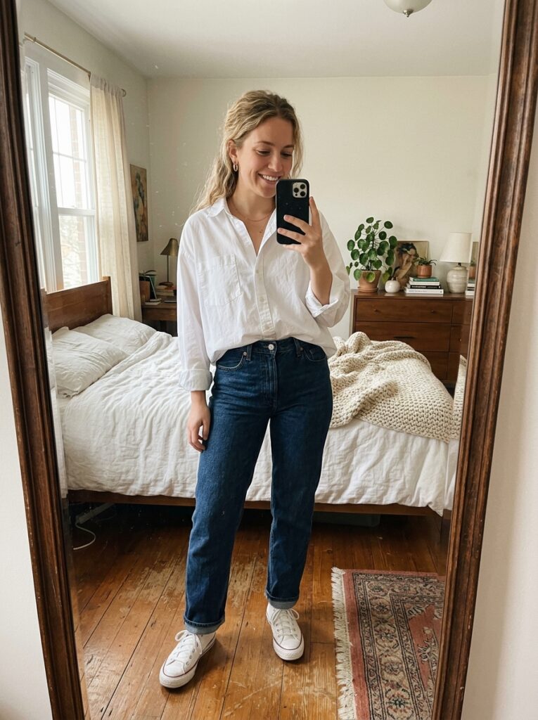 23 Dark Denim Outfits for This Fall Styled in Five Different Ways oversized shirt with dark denim outfit