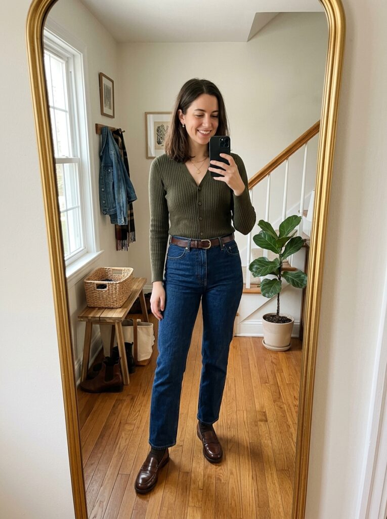 23 Dark Denim Outfits for This Fall Styled in Five Different Ways cardigan layered with dark jeans outfit