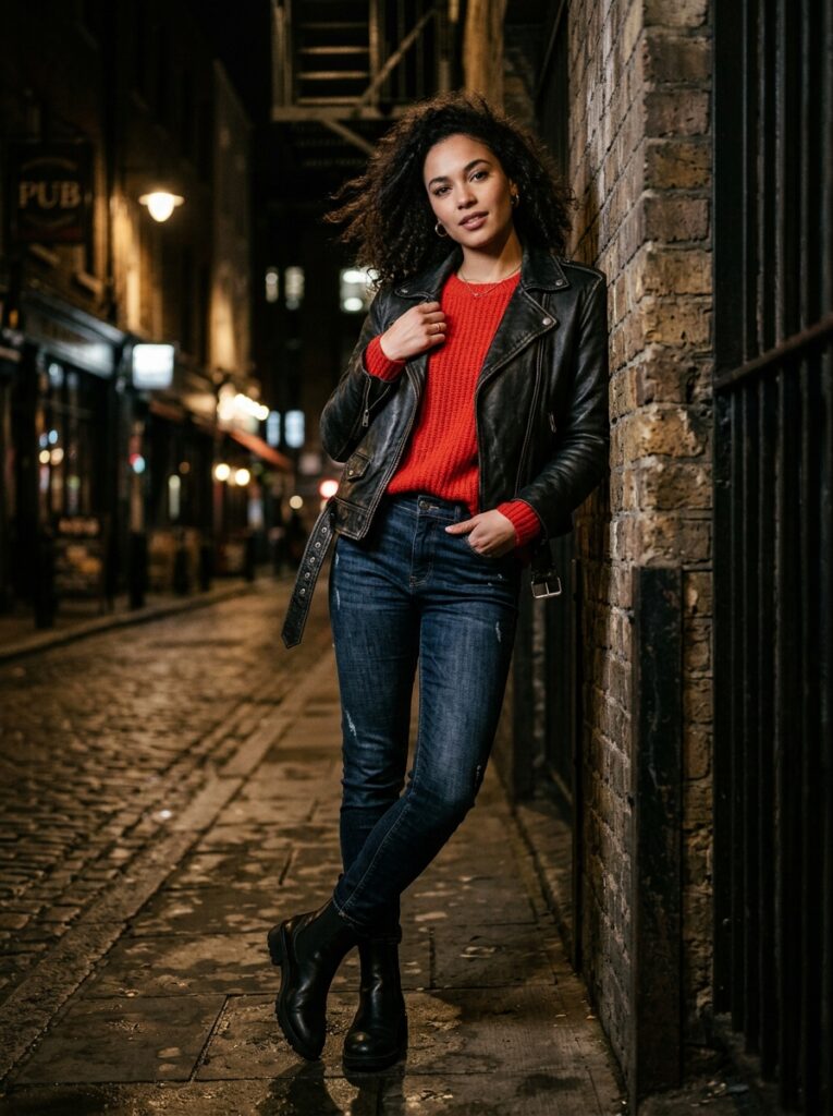 23 Dark Denim Outfits for This Fall Styled in Five Different Ways leather jacket with dark jeans outfit