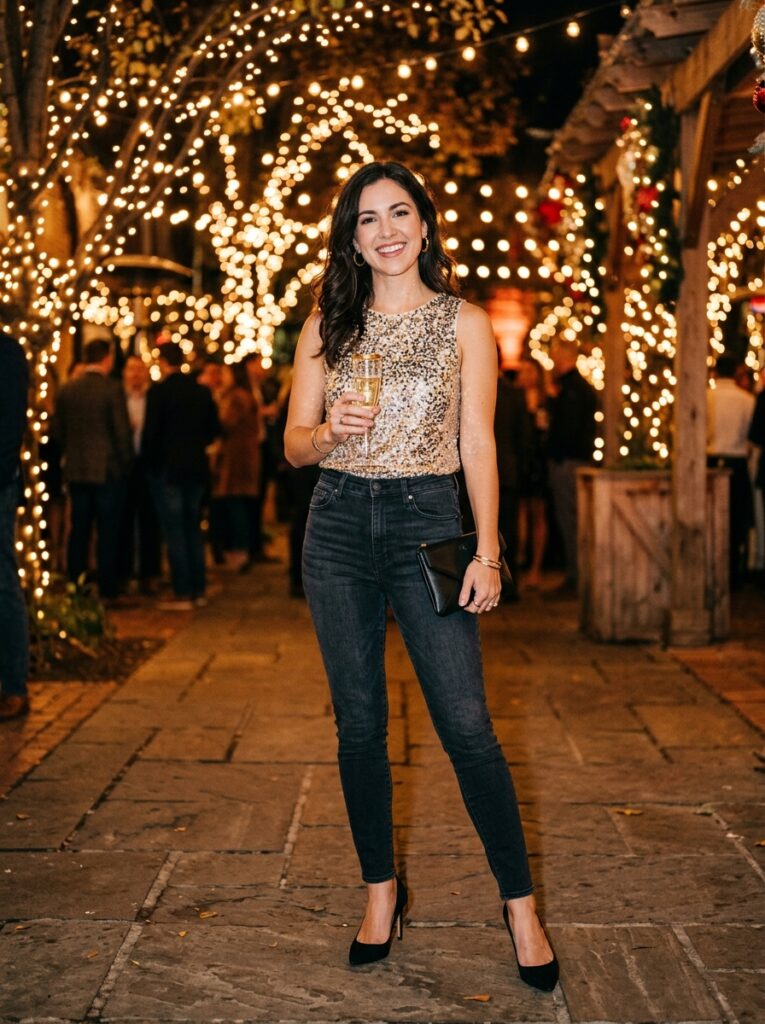 23 Dark Denim Outfits for This Fall Styled in Five Different Ways sequin top with dark jeans holiday outfit