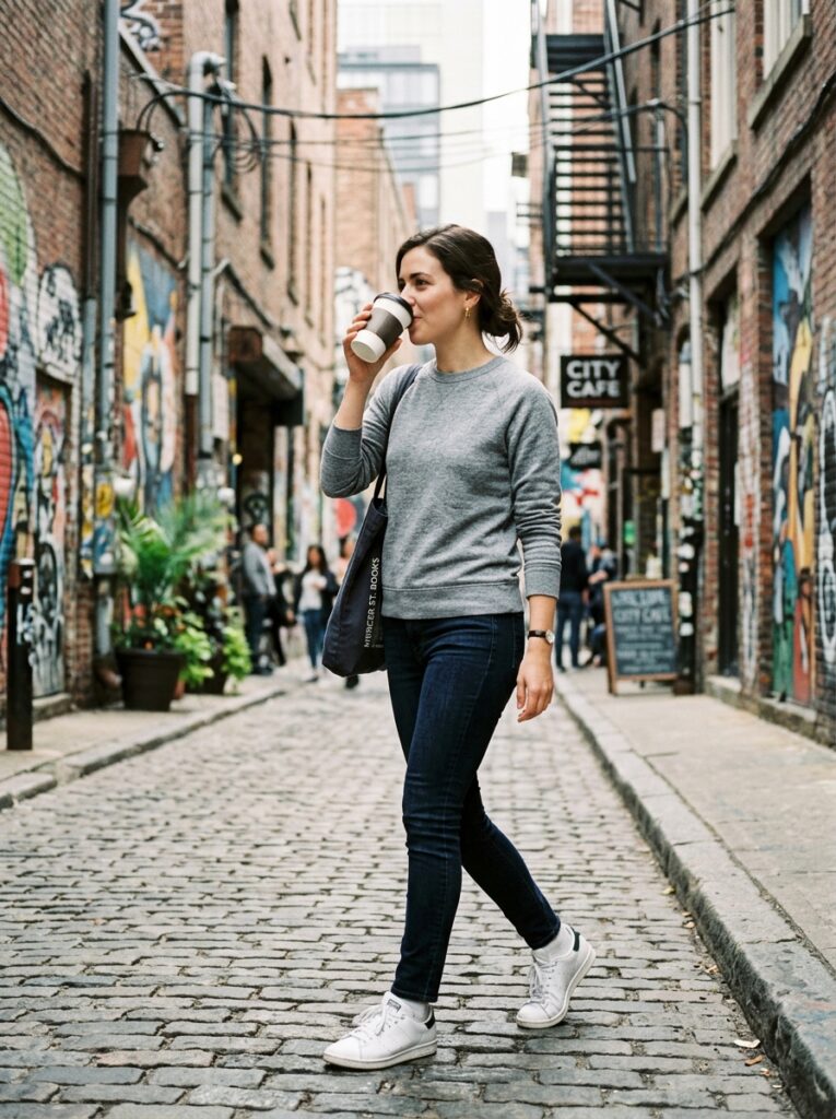 23 Dark Denim Outfits for This Fall Styled in Five Different Ways grey sweatshirt with dark jeans casual look