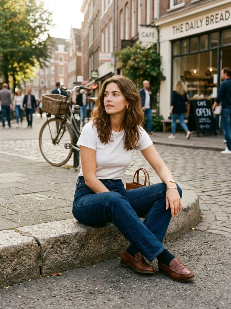 23 Dark Denim Outfits for This Fall Styled in Five Different Ways white tee and dark jeans casual outfit