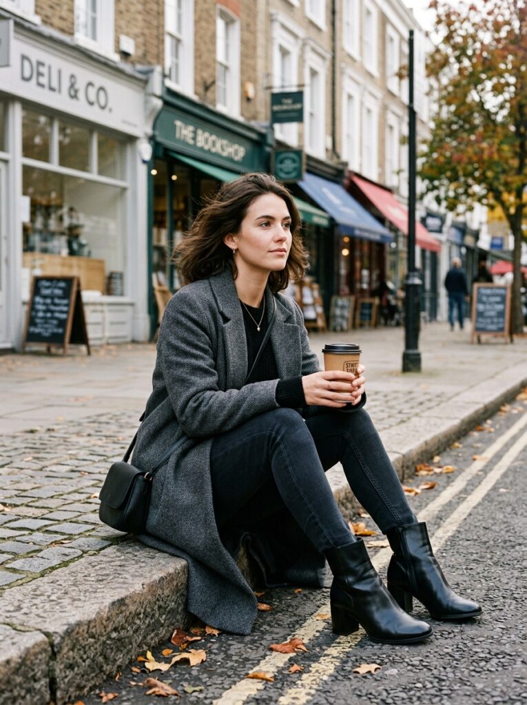 23 Dark Denim Outfits for This Fall Styled in Five Different Ways dark jeans tucked into heeled boots outfit