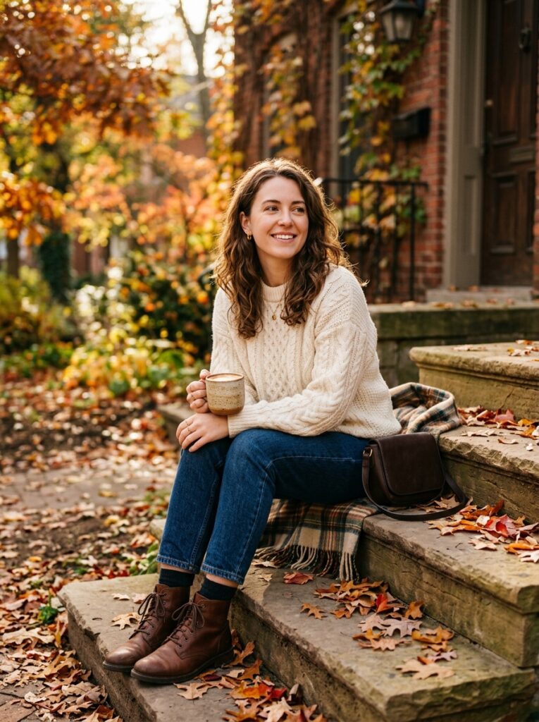 23 Dark Denim Outfits for This Fall Styled in Five Different Ways chunky knit sweater with dark jeans fall outfit