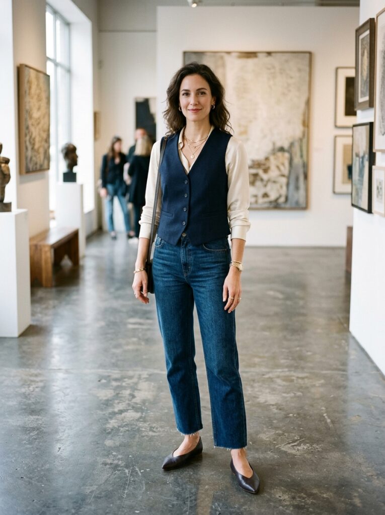 23 Dark Denim Outfits for This Fall Styled in Five Different Ways waistcoat with dark jeans outfit