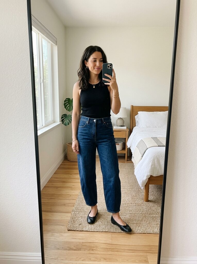 23 Dark Denim Outfits for This Fall Styled in Five Different Ways barrel leg dark jeans outfit