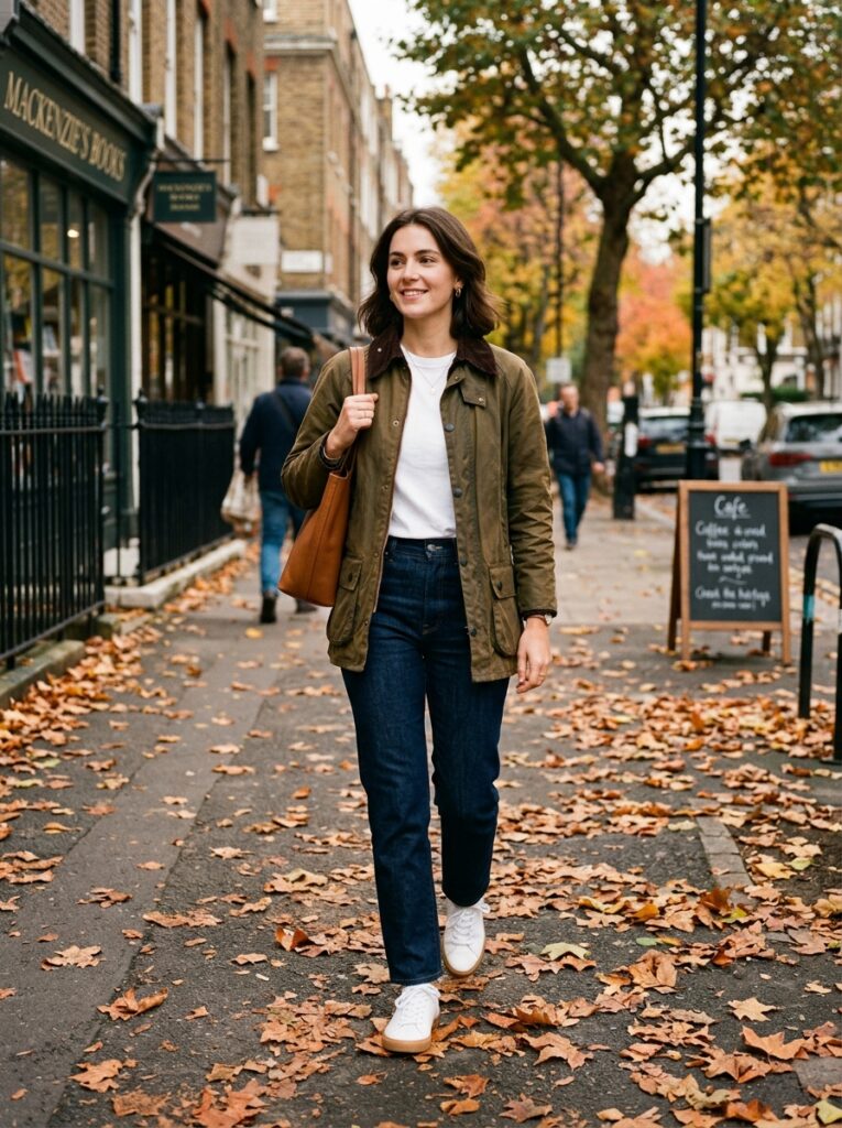19 Barn Jacket Outfit Ideas That Nail the Fall Aesthetic olive barn jacket outfit with dark jeans and white tee