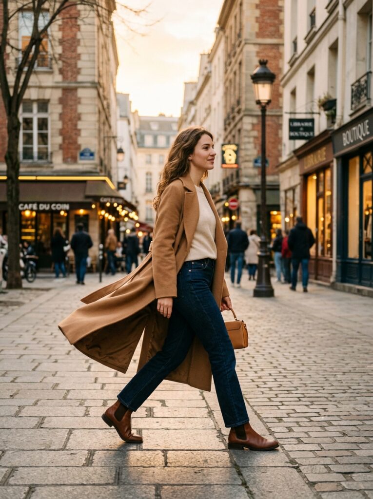 woman walking in long coat 