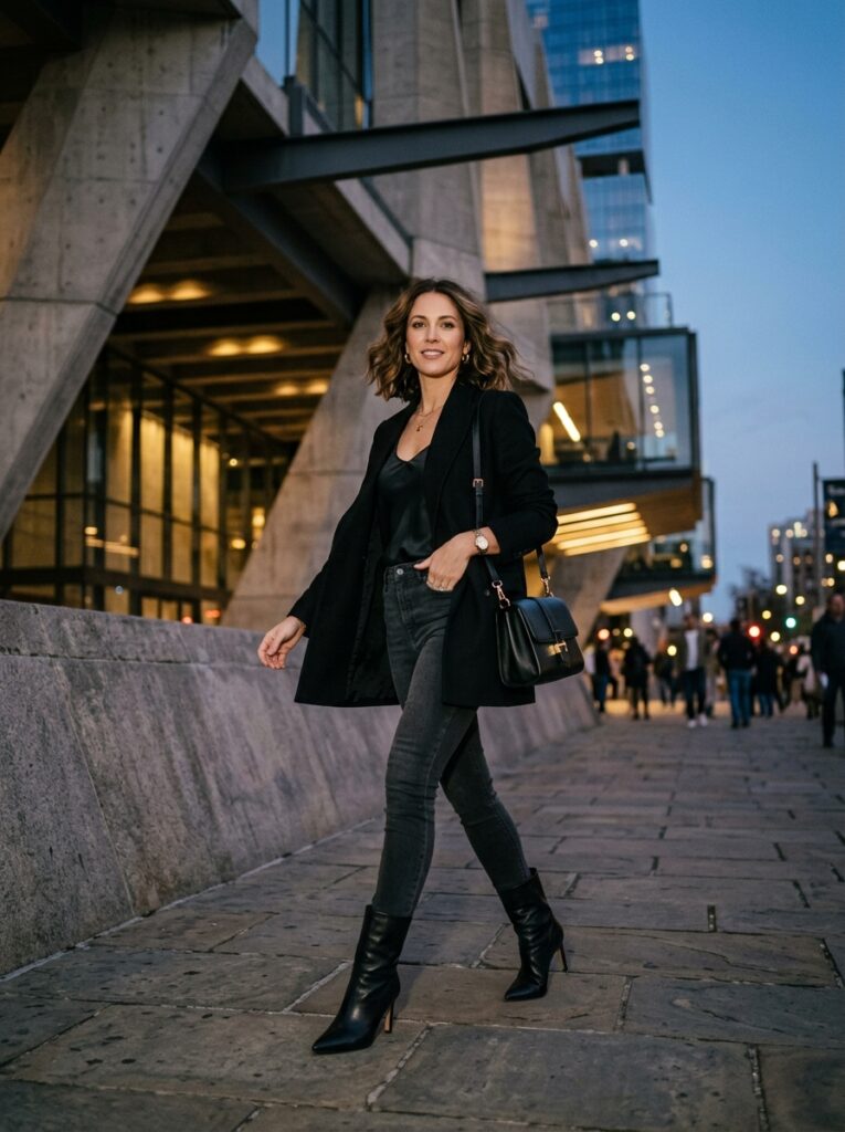 23 Dark Denim Outfits for This Fall Styled in Five Different Ways blazer over dark skinny jeans dressy outfit