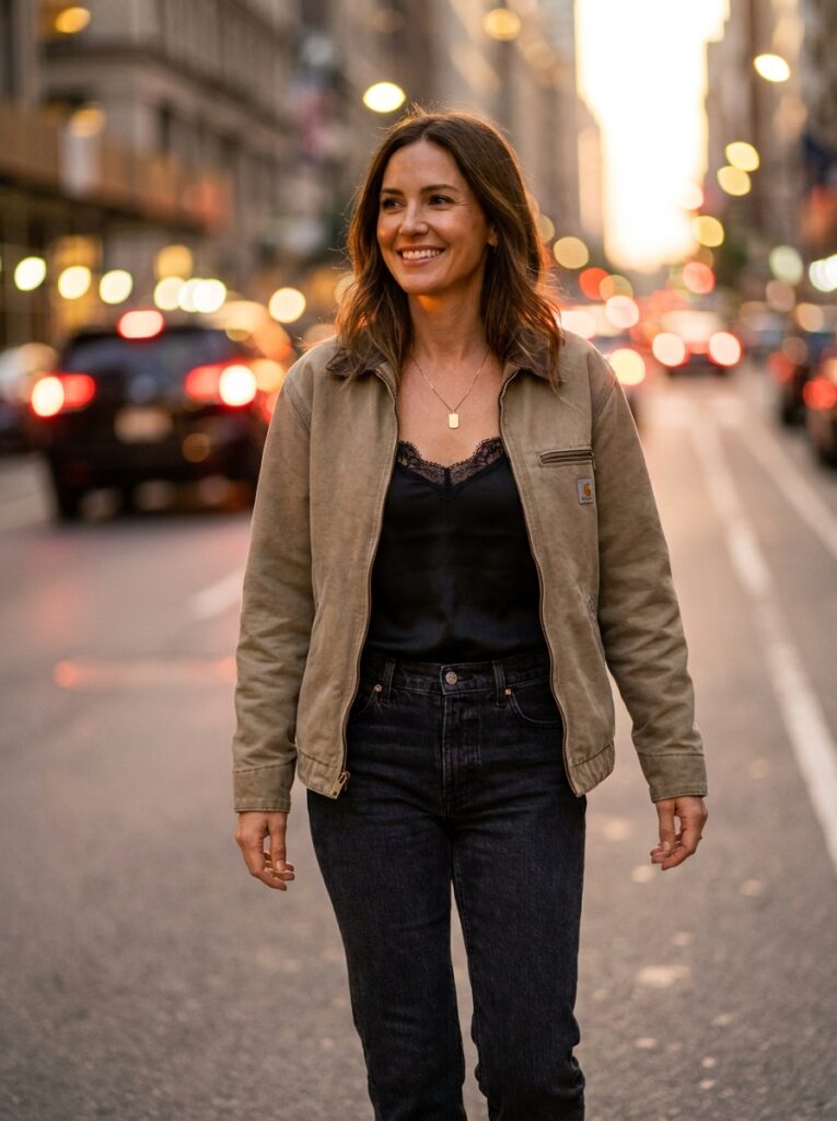 19 Barn Jacket Outfit Ideas That Nail the Fall Aesthetic barn jacket over lace trim cami with jeans