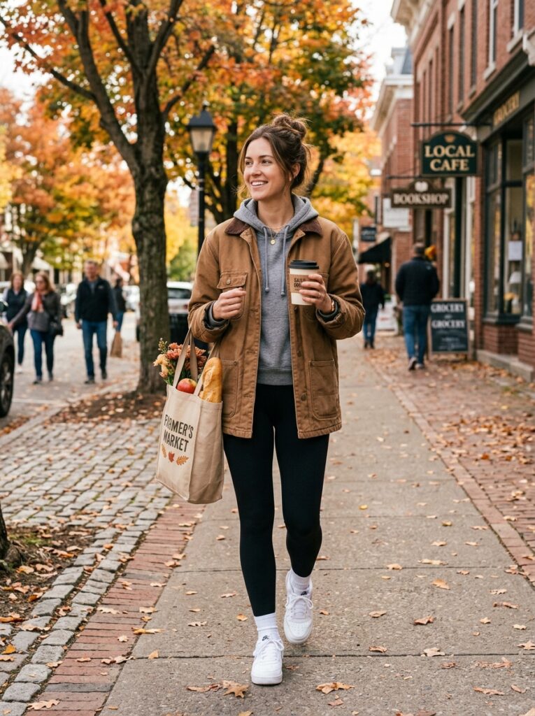 19 Barn Jacket Outfit Ideas That Nail the Fall Aesthetic barn jacket over hoodie and leggings casual outfit