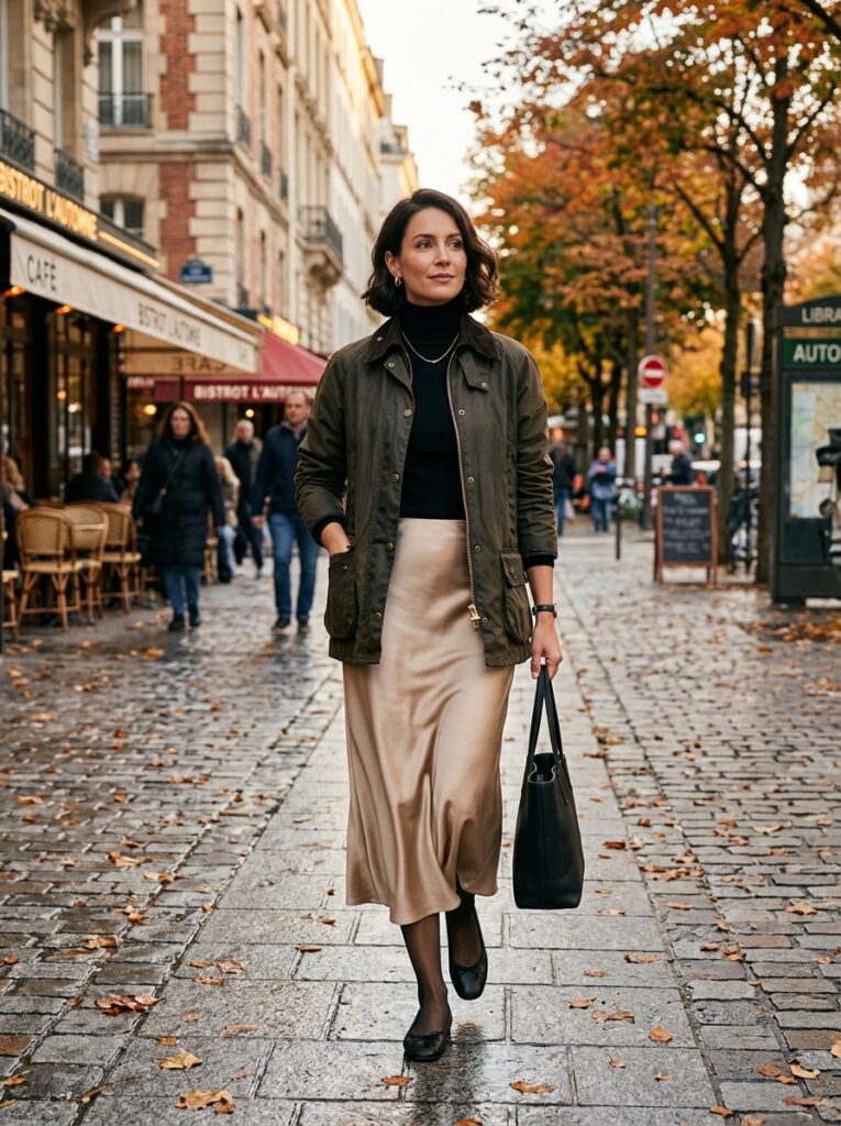 19 Barn Jacket Outfit Ideas That Nail the Fall Aesthetic barn jacket over satin slip skirt and knit top
