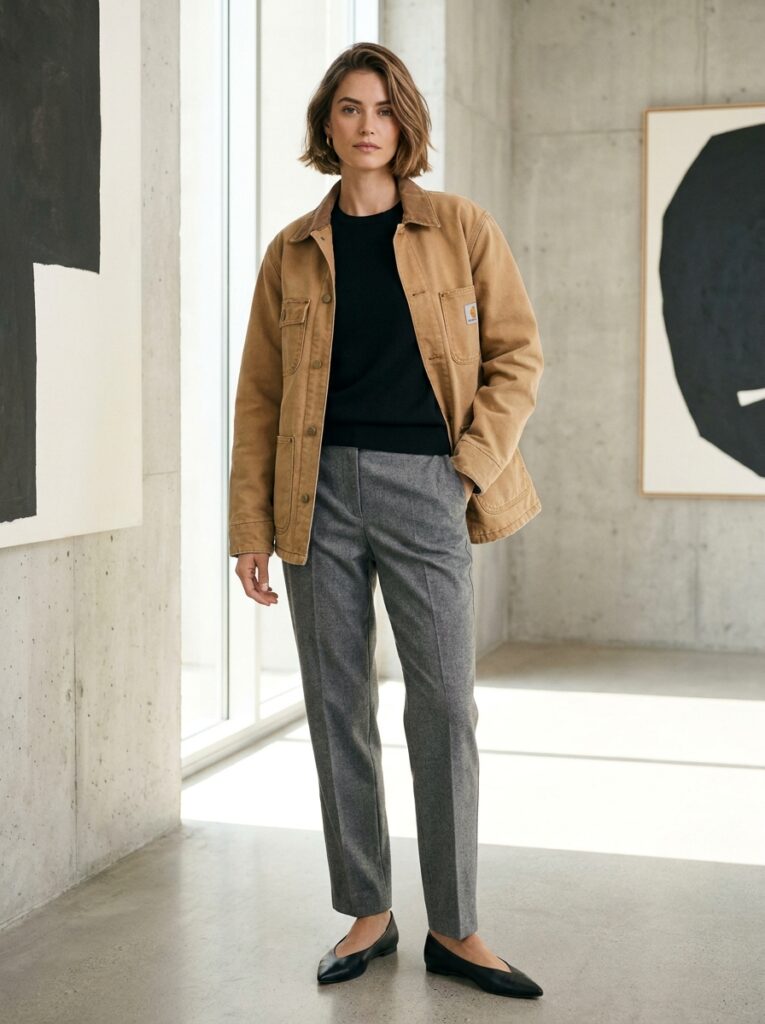 19 Barn Jacket Outfit Ideas That Nail the Fall Aesthetic barn jacket over tailored trousers and fine knit