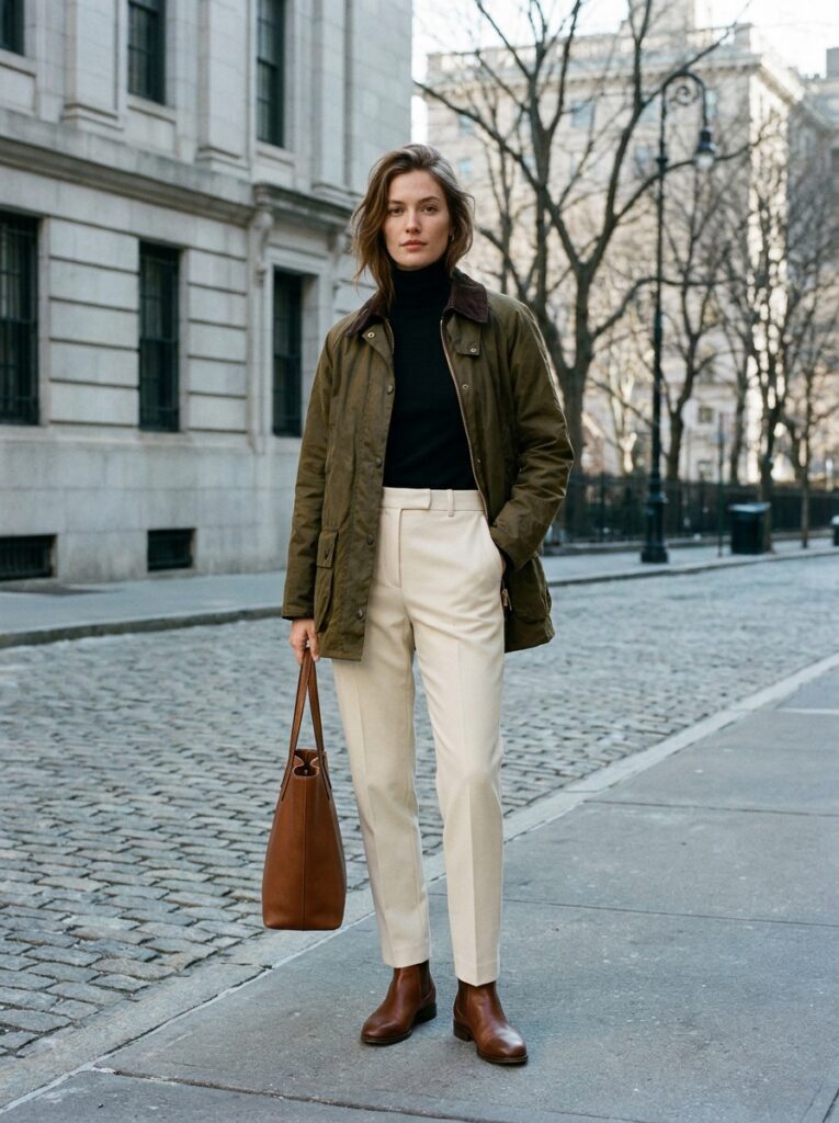 19 Barn Jacket Outfit Ideas That Nail the Fall Aesthetic black turtleneck under barn jacket with cream trousers