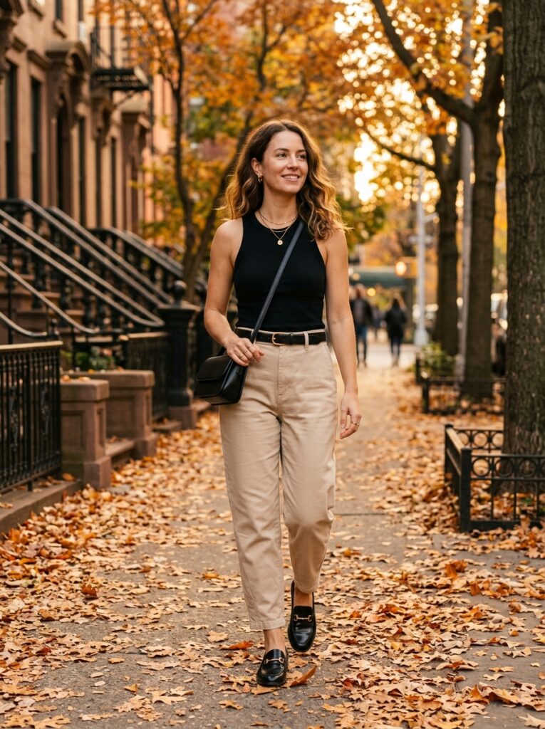 woman wearing beige pants black 202607140001