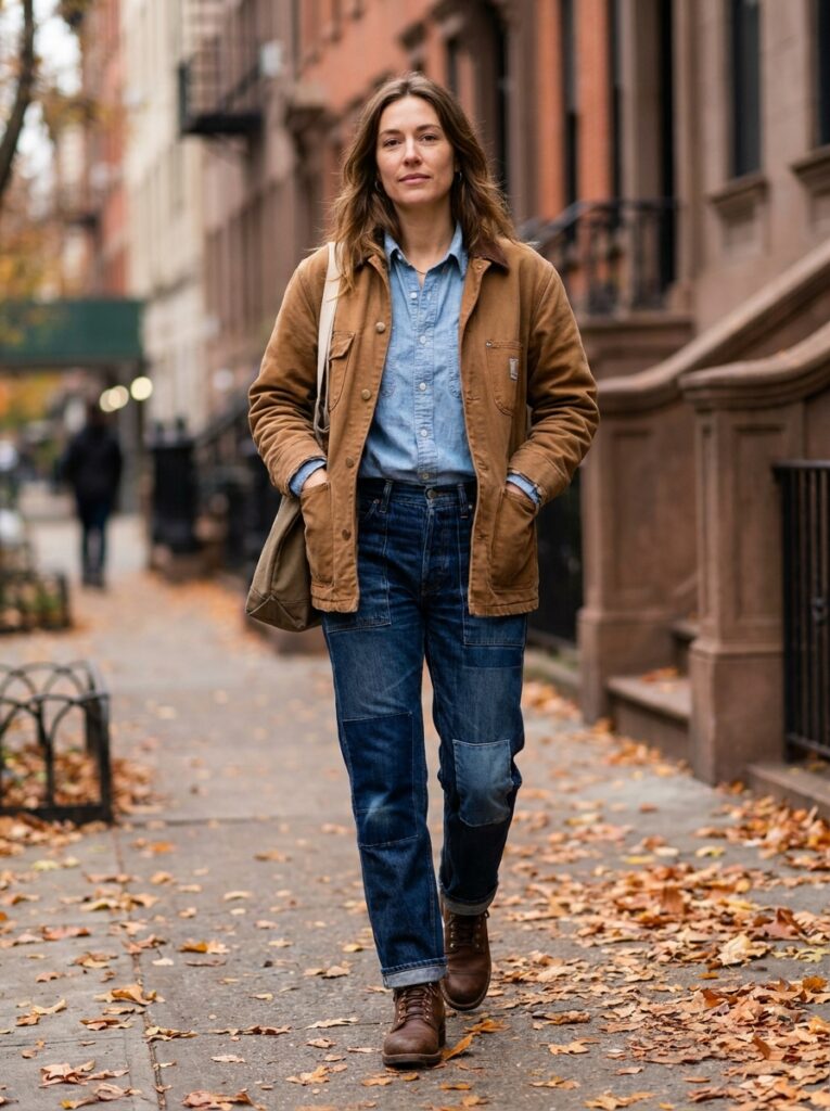 19 Barn Jacket Outfit Ideas That Nail the Fall Aesthetic barn jacket over chambray shirt with dark jeans