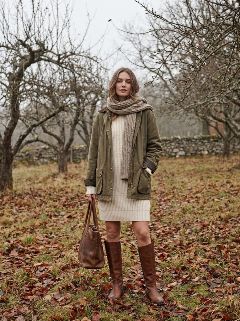 19 Barn Jacket Outfit Ideas That Nail the Fall Aesthetic barn jacket over ribbed sweater dress with tall boots