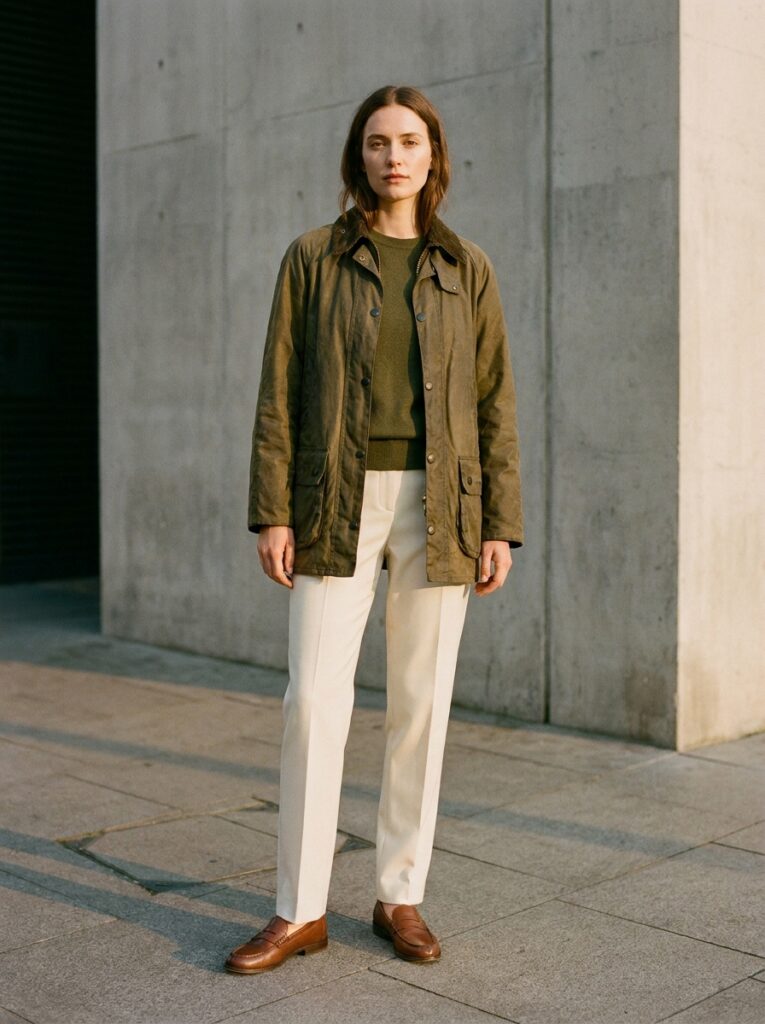 19 Barn Jacket Outfit Ideas That Nail the Fall Aesthetic monochrome olive barn jacket outfit with cream trousers