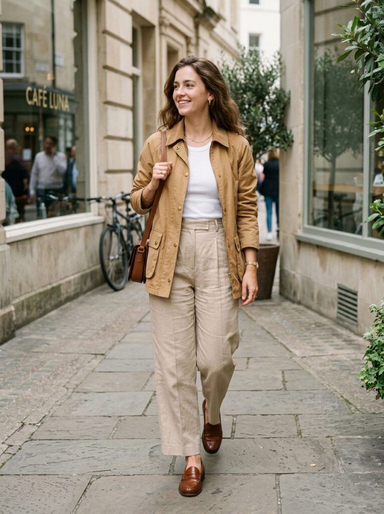 19 Barn Jacket Outfit Ideas That Nail the Fall Aesthetic barn jacket with white tank and beige trousers