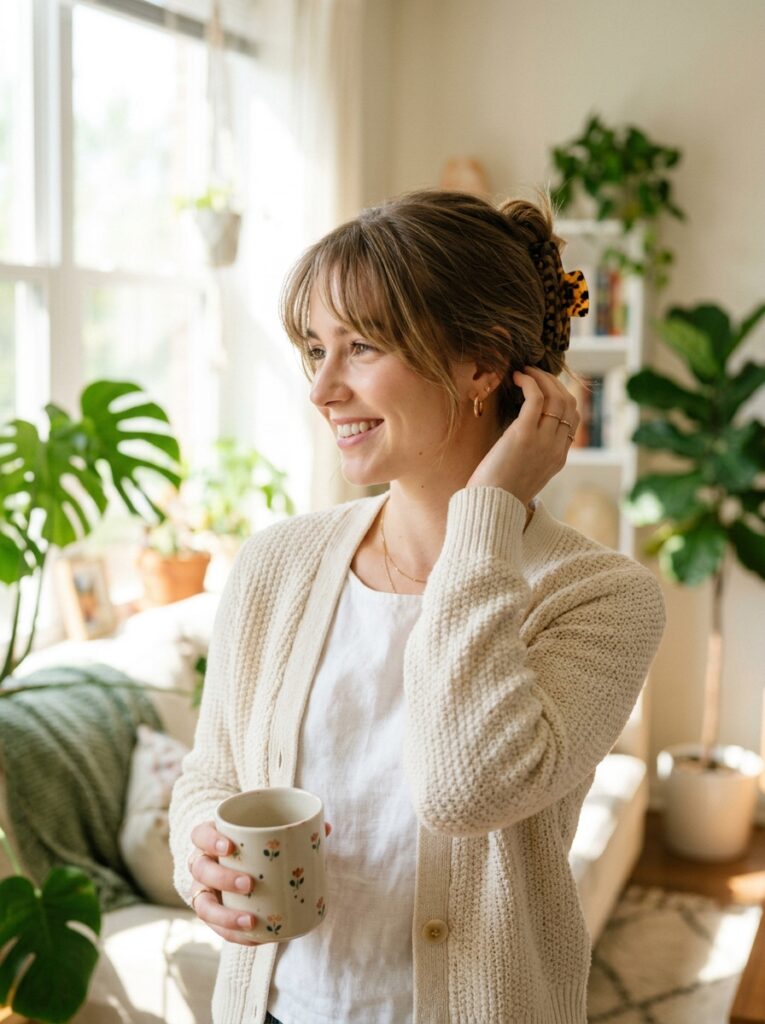 17 Claw Clip Hairstyles That Look Effortlessly Chic claw clip hairstyle with curtain bangs