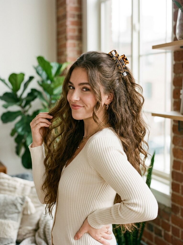 17 Claw Clip Hairstyles That Look Effortlessly Chic half up claw clip hairstyle for thick long hair