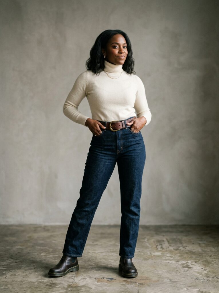23 Dark Denim Outfits for This Fall Styled in Five Different Ways statement belt with dark jeans and knit outfit