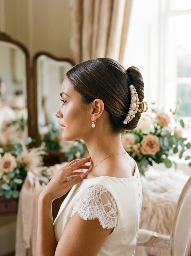 17 Claw Clip Hairstyles That Look Effortlessly Chic sleek bridal twist with pearl claw clip