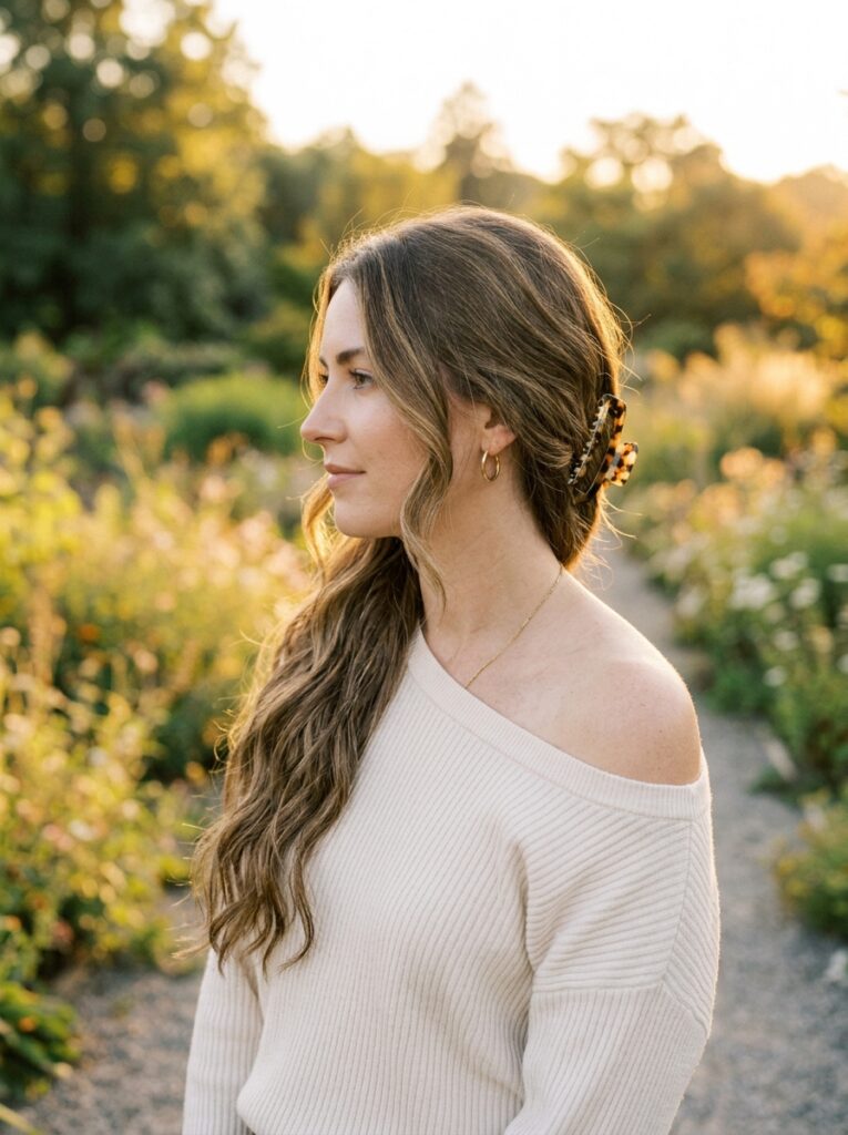 17 Claw Clip Hairstyles That Look Effortlessly Chic side swept claw clip hairstyle draped over shoulder