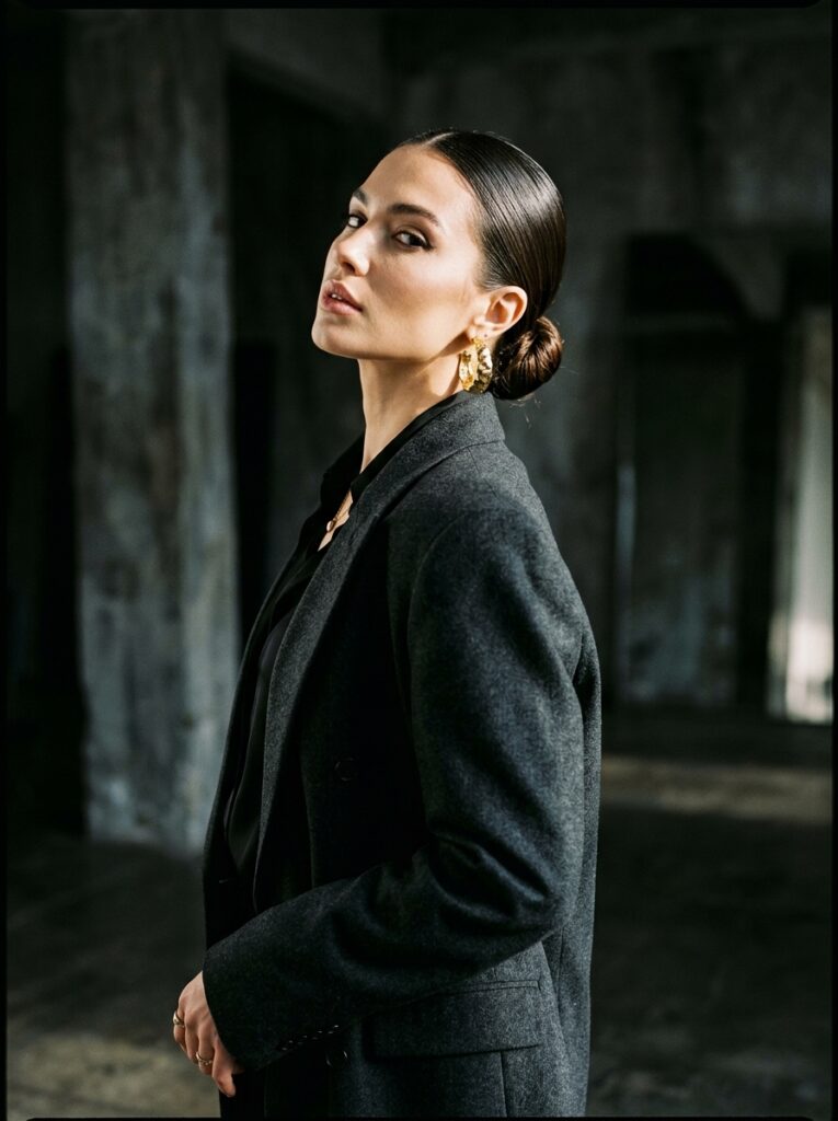 woman with slicked bun blazer 202607151015