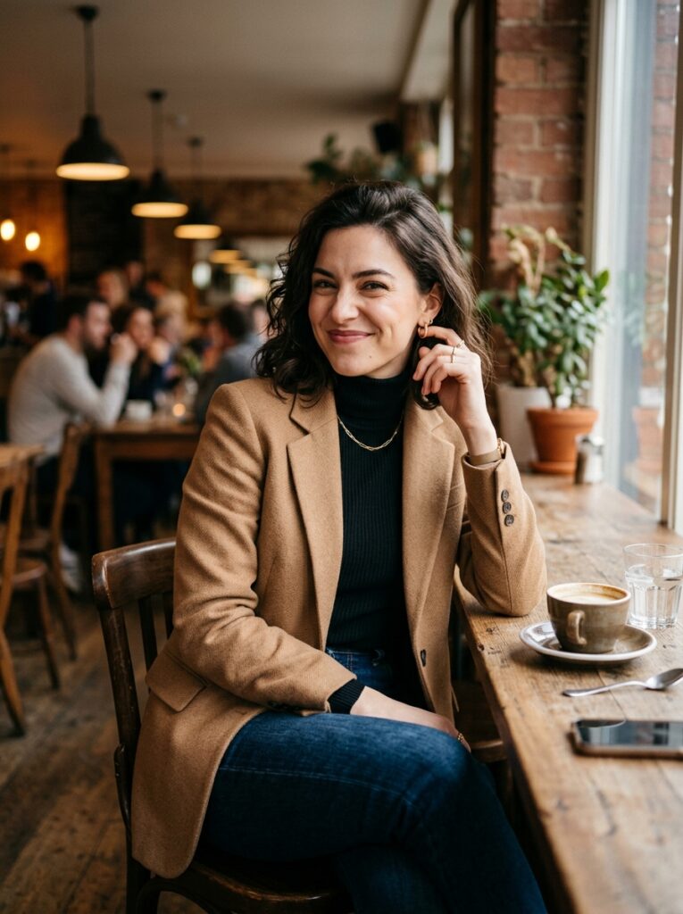 23 Dark Denim Outfits for This Fall Styled in Five Different Ways turtleneck and blazer with dark jeans outfit
