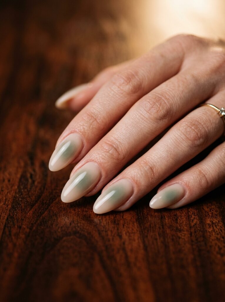 soft gray green aura nails on milky nude base
