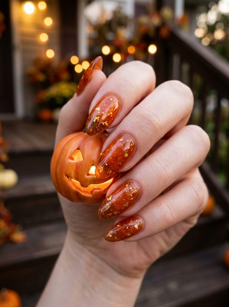 jack o lantern burnt orange jelly nails with gold leaf