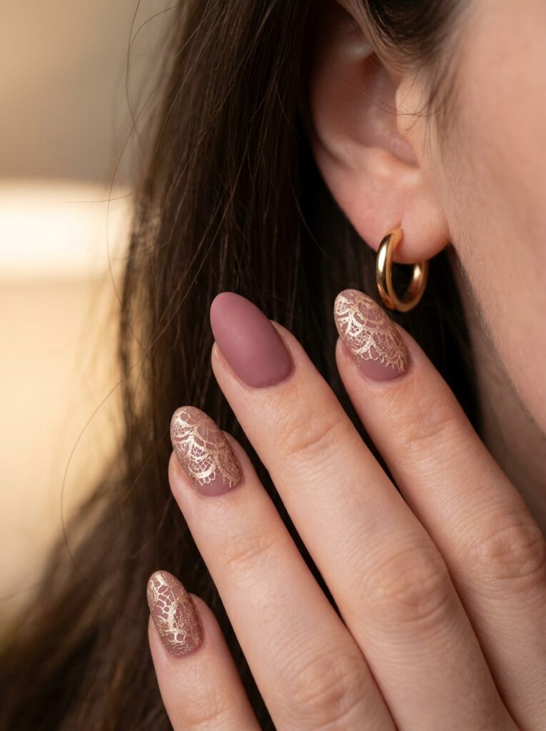 dusty rose velvet nails with champagne lace