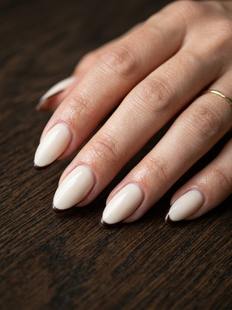 espresso and cream micro french nails on almond shape